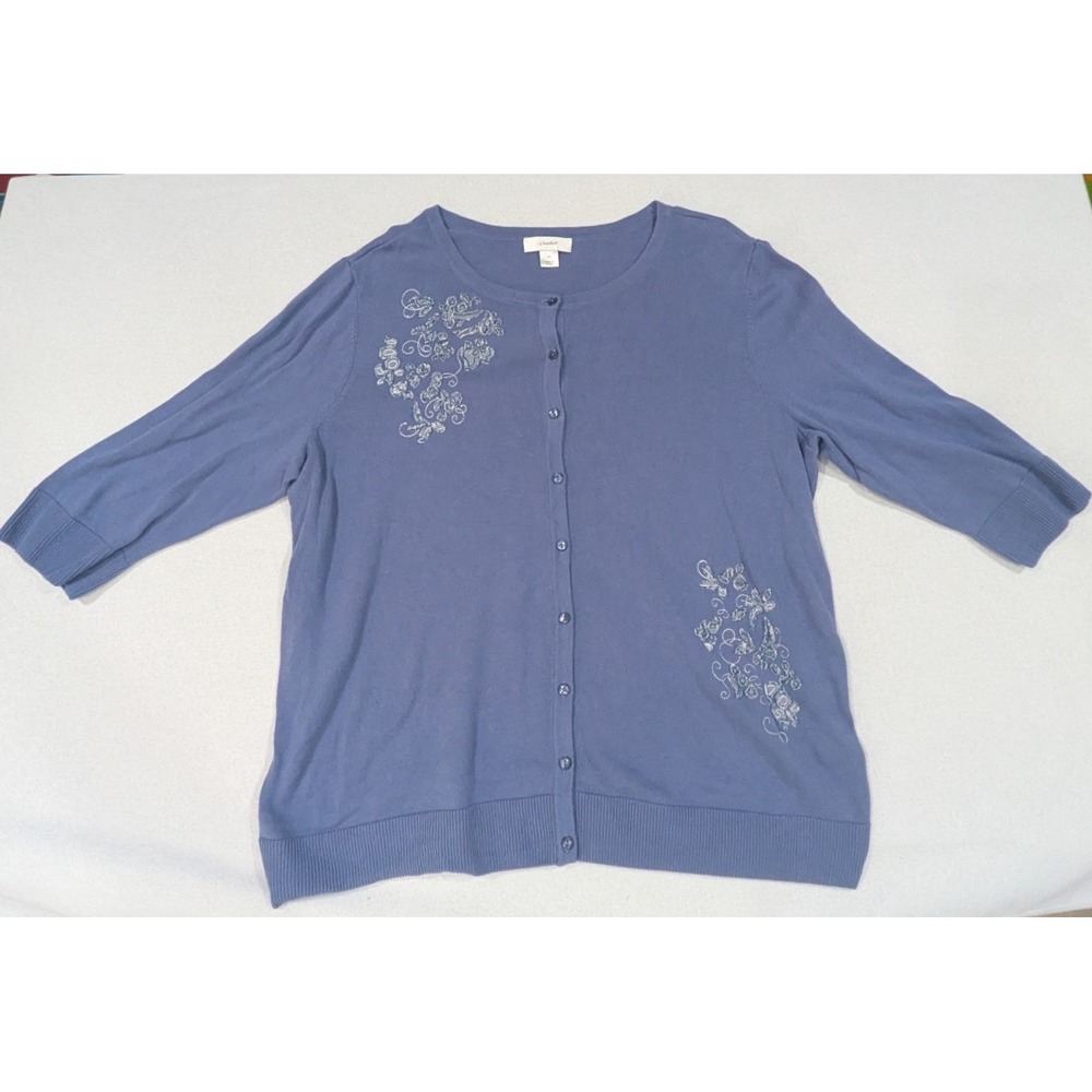 CJ Banks Cardigan Women 2X Blue Excellent Floral Embroidered 3/4 Sleeve Cotton
